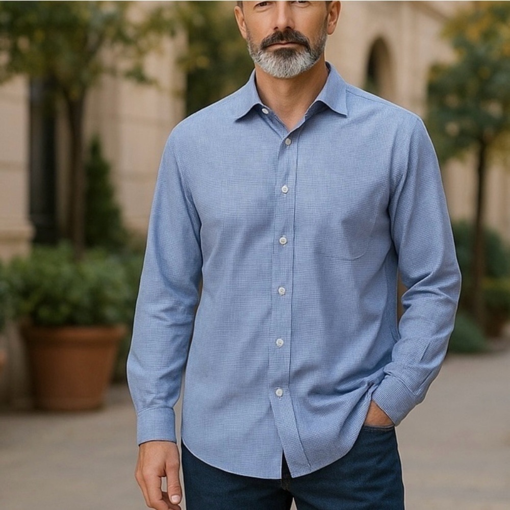 Arrow Men's Blue L Button-Up Shirt Classic Fit Textured Long Sleeve Wrinkle Free